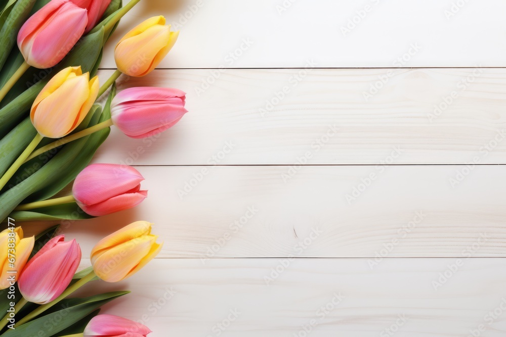 Wall mural tulip with variable colors placed on wood background in spring. spring seasonal concept.