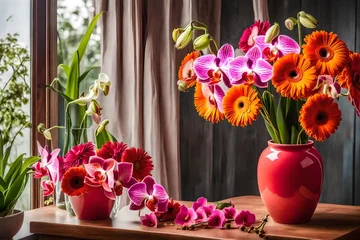 Foto op Plexiglas A bouquet of orchid and gerbera flowers, placed in a lively coral ceramic vase, on a wooden surface, near an open window. © Muhammad