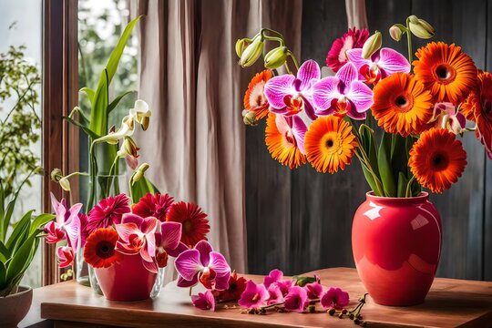 A bouquet of orchid and gerbera flowers, placed in a lively coral ceramic vase, on a wooden surface, near an open window.