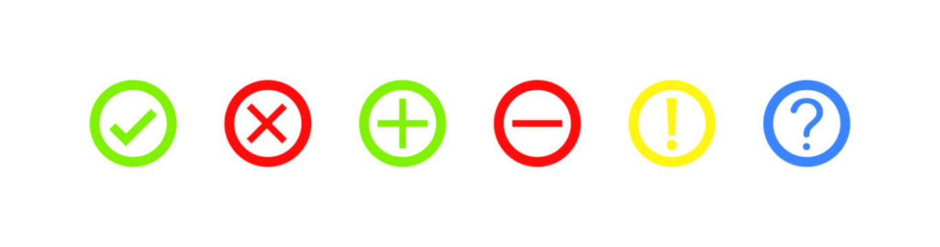Reaction icons. Flat, color, tick, cross, plus, minus, exclamation mark, question mark icons. Vector icons