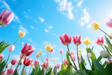 Beautiful tulip with variable colors in field and blue sky in Spring. Spring seasonal concept.