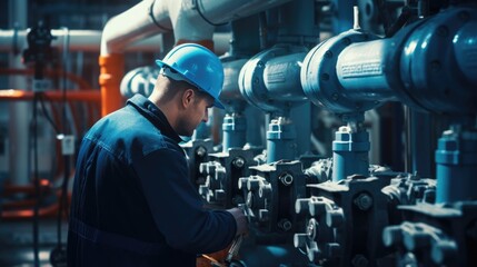 Male worker at water supply station inspects water pump valves equipment in at a large industrial estate. Water pipes. Industrial plumbing.