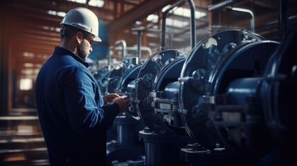 Male worker at water supply station inspects water pump valves equipment in at a large industrial estate. Water pipes. Industrial plumbing. - obrazy, fototapety, plakaty