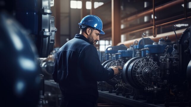 Male worker at water supply station inspects water pump valves equipment in at a large industrial estate. Water pipes. Industrial plumbing.