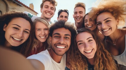Group of friends multiracial young people taking selfie cheerful on Summer vacation together. Happy young people having fun hanging out on city street.