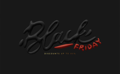 Black Friday Sale. Realistic 3d lettering black red colors. Sale Promo banner and poster. Text on dark background. vector illustration