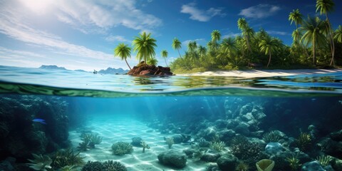 Fototapeta na wymiar Beautiful underwater view of tropical island beach in Summer. Summer vacation concept.