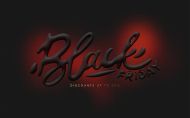 Black Friday Sale. Realistic 3d lettering black colors. Sale Promo banner and poster. Text on dark background. vector illustration