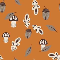 Vector seamless pattern with mushrooms and leave. Fall botanical print is perfect for seasonal decor, wrapping paper or textile