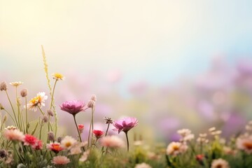 Wild flower field in wild with variable colors in Spring. Blurred background for text. Spring seasonal concept.