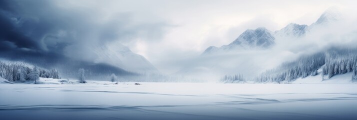 Beautiful lake panorama with foggy Winter forest covered by heavy snow and ice. Winter seasonal concept. - obrazy, fototapety, plakaty