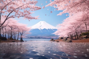 Mt Fuji and beautiful blooming cherry blossom woods by lake in Spring. Spring seasonal concept.