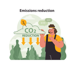 Man promotes CO2 reduction amidst nature. Arrows pointing downwards emphasize decreased emissions. Responsible approach for a greener Earth. Flat vector illustration.