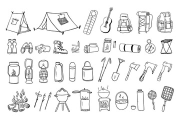Big set of camping and hiking elements. Doodle style. Picnic, travel accessories and equipment. Travel design. Adventure. Great for prints, poster, cute stationery. Hand drawn. Vector illustration  - obrazy, fototapety, plakaty