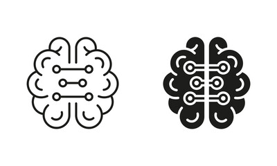 Human Brain and Digital Technology Black Symbol Collection. Neurology and Artificial Intelligence Silhouette and Line Icons Set. Tech Science Pictogram. Isolated Vector Illustration