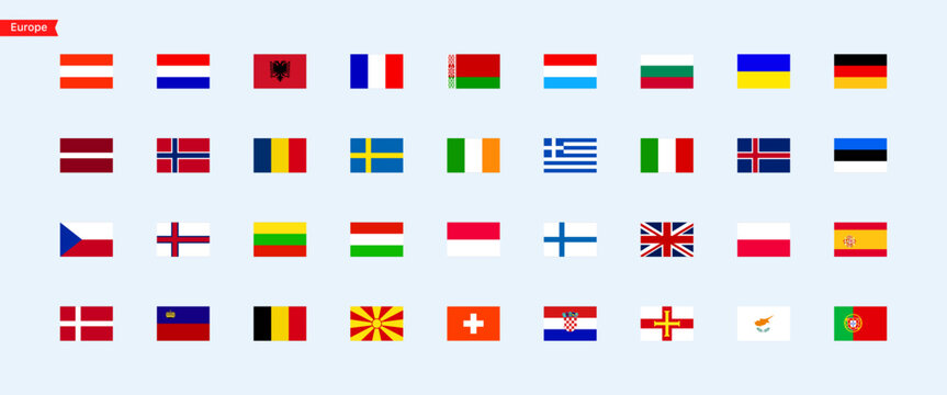 Flags of the countries of the continent Europe. Set of color flags of countries. Isolated square flags of Europe countries. Vector icons