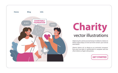 Charity and charitable foundation web banner or landing page. Help for people in need. Humanitarian aid, donations, volunteers or nonprofit organizations support. Flat vector illustration
