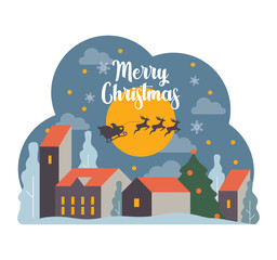 Christmas and new year celebration. Santa Claus flying on sleigh with reindeers. Christmas character with presents riding in the night. Winter holiday, Christmas card. Flat vector illustration