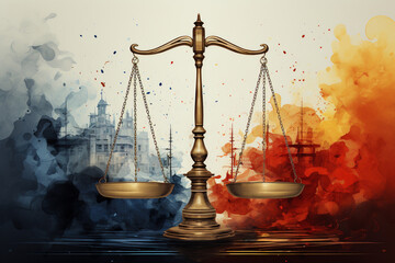 Bronze scales of justice with watercolor smoke - obrazy, fototapety, plakaty