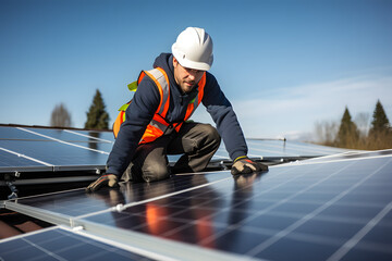 A handyman installing solar panels on the rooftop. - obrazy, fototapety, plakaty