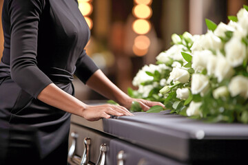 A woman is standing beside a casket with a bouquet of flowers on it. - obrazy, fototapety, plakaty