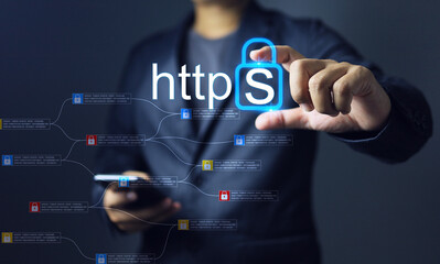 Website developer holding https domain type for security to increase secure level and encrypted...