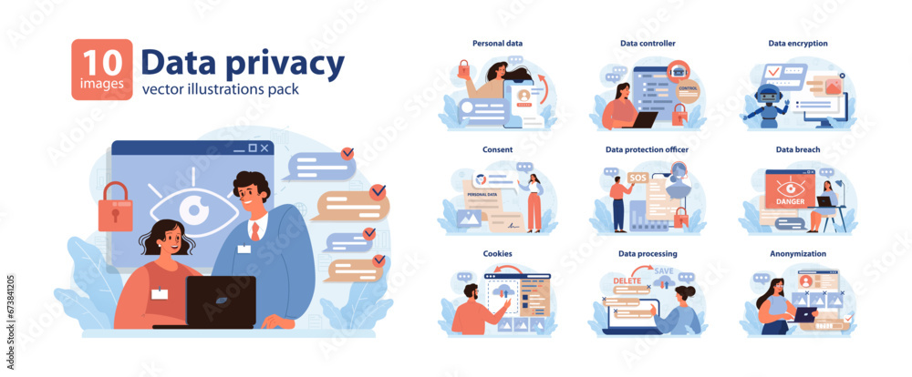 Poster data privacy set. modern safeguards in digital landscape. personal data management, encryption techn