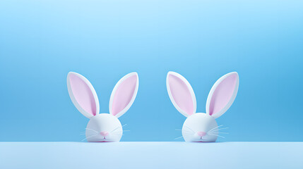 Obraz premium Minimalist Easter Bunny Design, Two white bunnies with pink ears, Easter Holiday Concept Art, Generative AI