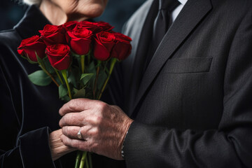 A older couple holding roses at a funeral. - obrazy, fototapety, plakaty