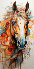 Colorful abstract horse portrait with a blend of warm tones and fluid lines