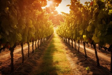 Beautiful vineyard with lush grapevines bathed in sunlight. Generative AI - obrazy, fototapety, plakaty