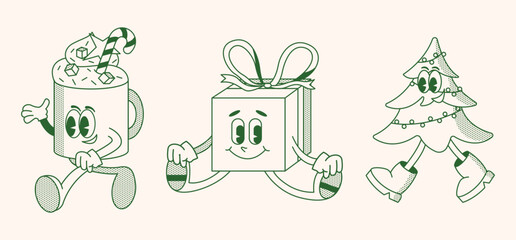 Christmas and New Year retro cartoon characters set. Christmas tree, coffee drink, bauble, present. Merry xmas Vector mascot groovy illustration in trendy vintage comic style isolated on background