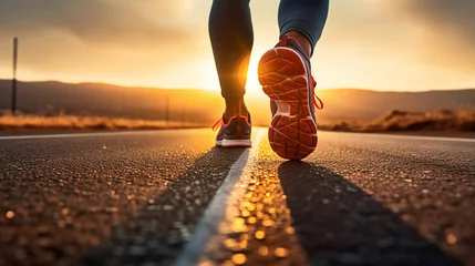 Fotobehang Runner feet running on road closeup on shoe. MAN fitness sunrise jog workout welness concept. Made with generative ai © ferid