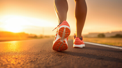 Runner feet running on road closeup on shoe. MAN fitness sunrise jog workout welness concept.
Made...