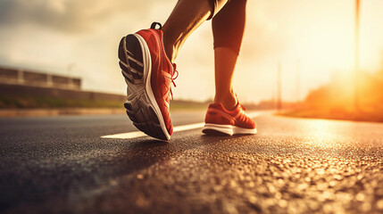 Runner feet running on road closeup on shoe. MAN fitness sunrise jog workout welness concept.
Made...