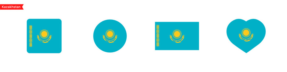 National flag of Kazakhstan. Kazakhstan flag icons for language selection. Kazakhstan flag in the shape of a square, circle, heart. Vector icons