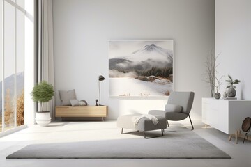 An airy white living space with a cozy atmosphere, featuring a carpet, pouf chair, and a sleek grey concrete floor. A floating drawer displays decorative art, offering a glimpse of the. Generative AI