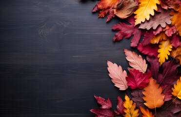 Autumn fall leaves set over a dark wooden background.