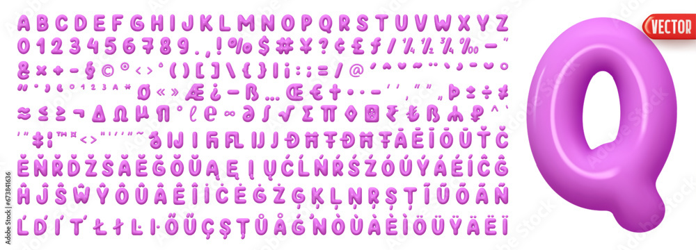 Poster Multilingual font complete with all symbols and signs and numbers. Font realistic 3d design plastic cartoon style, lilac colors. Language support French, German. Vector illustration