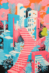 Fototapeta premium Illustration of modern city street with modern buildings and road in cosmic landscape. Generative AI. Risograph style