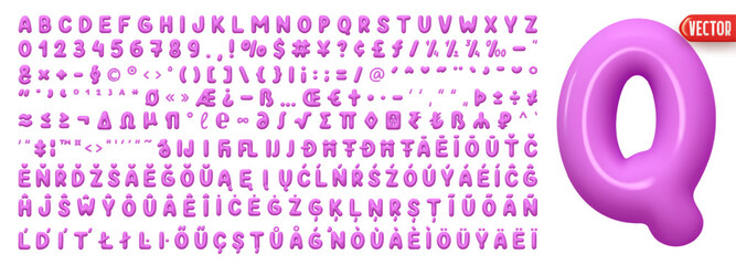 Multilingual font complete with all symbols and signs and numbers. Font realistic 3d design plastic cartoon style, lilac colors. Language support French, German. Vector illustration - obrazy, fototapety, plakaty