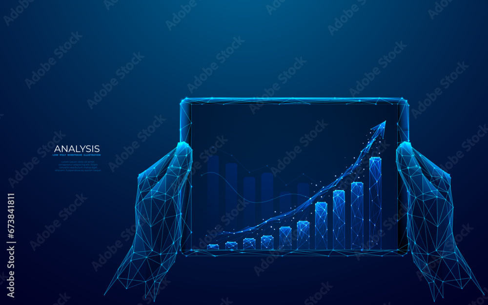 Poster abstract growth graph chart on tablet screen. technology hands holding tablet with growth histogram.