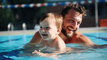 Obraz premium Portrait of happy father and son playing together in swimming pool. Spending quality time, lifestyle, family, summertime and vacation concept.