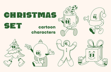 Christmas and New Year retro cartoon characters set. Christmas tree, coffee drink, bauble, present. Merry xmas Vector mascot groovy illustration in trendy vintage comic style isolated on background