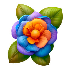Vivid Violet, Blue, and Orange Camellia Flower Illustrations: Botanical Delight