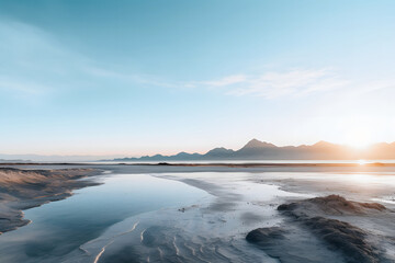Obraz premium Beautiful lake view against the backdrop of sand mountains - Great Salt Lake in Utah in early morning