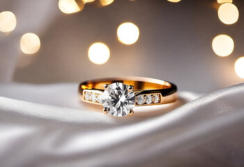 diamond ring on white silk fabric with lights bokeh in minimal style - obrazy, fototapety, plakaty