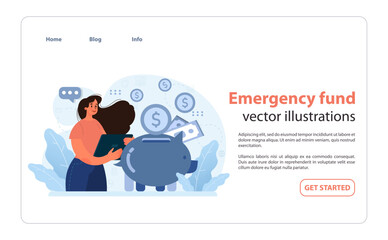 Financial independence, FIRE web banner or landing page. Money savings for emergency fund. Young woman saving money in piggy bank. Personal budget planning. Flat vector illustration