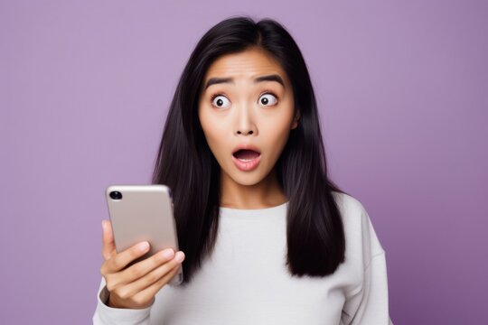 Asian Female Purple Color Astounded Checking Phone Backdrop Generative AI