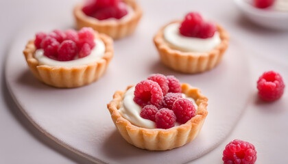 Raspberry one tartlet with cream filling isolated on soft background

